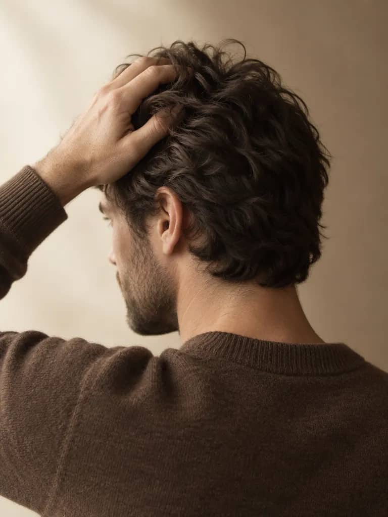 Kazınmamış, orta uzunlukta saçını elle düzelten kişi, arkadan görünüm